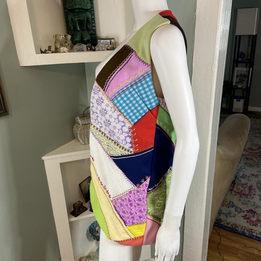 Vintage 60s 70s Polyester Patchwork Crazy Quilt Vest XS/S Handmade Embroidered - Picture 4 of 13